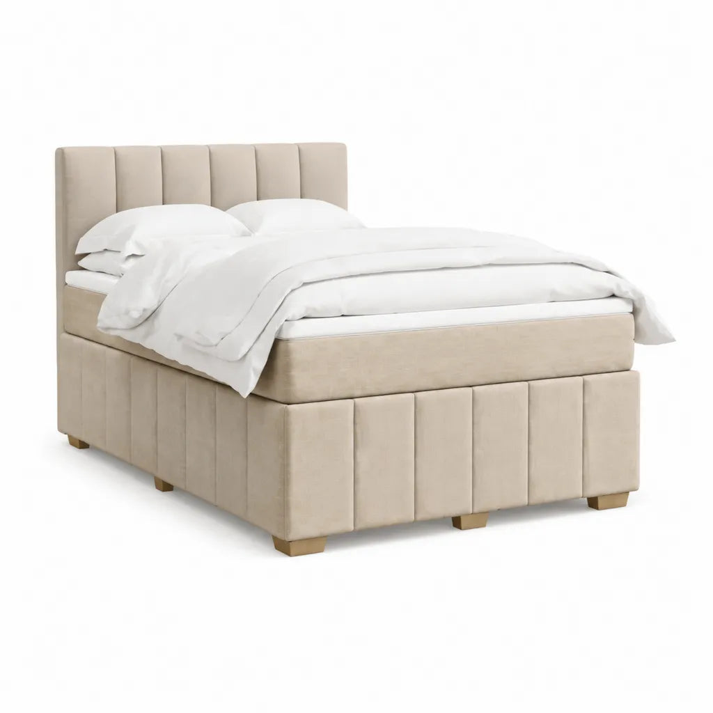 Lit double rembourré rectangulaire en polyester beige 160 x 200 cm