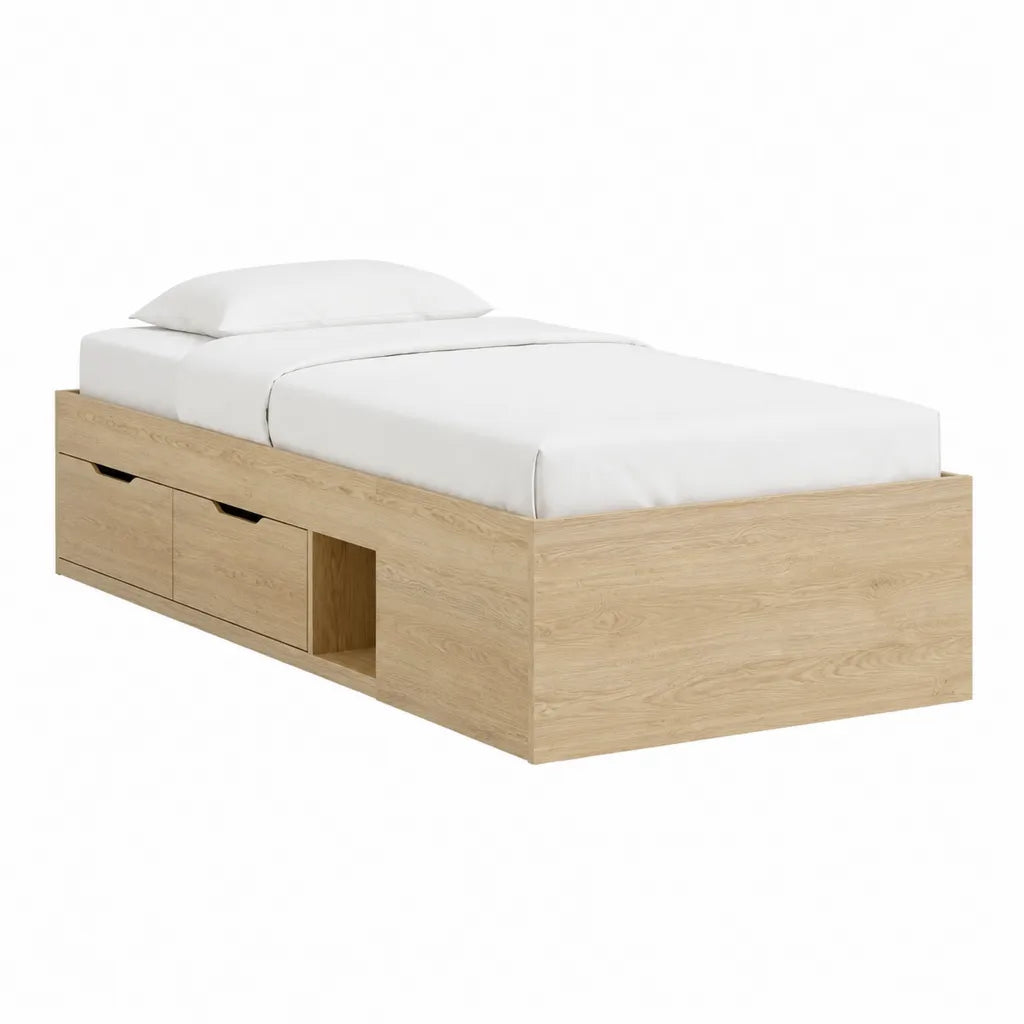 Lit simple avec 2 tiroirs de rangement 90 x 190 cm en panneaux de particules décor chêne clair