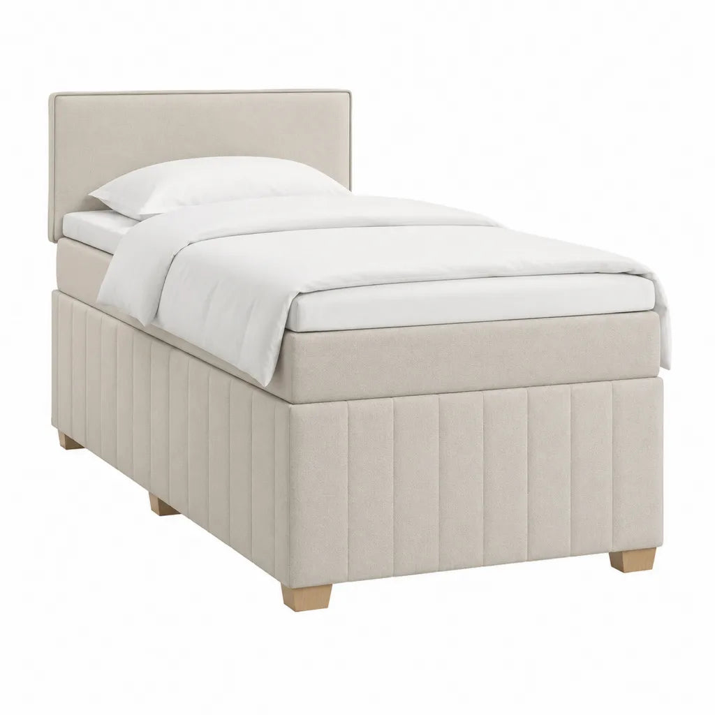 Lit une place 90 x 190 cm en polyester beige avec tête de lit rectangulaire capitonnée