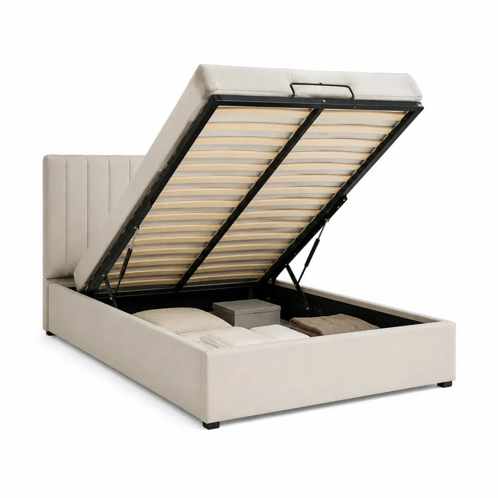 Lit coffre rectangulaire 160 x 200 cm avec sommier relevable en polyester beige