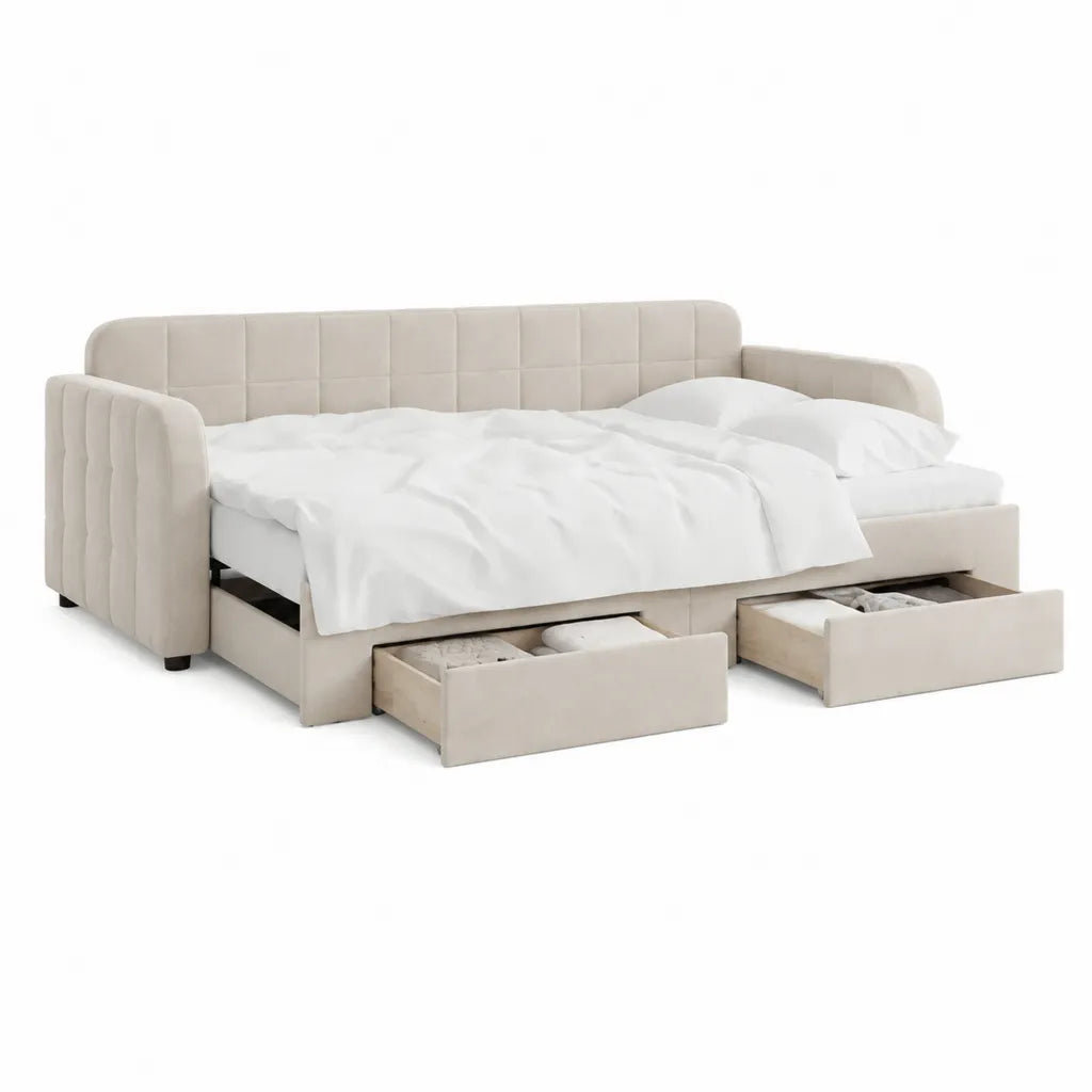 Canapé-lit 2 places avec tiroirs 160 x 200 cm revêtement en polyester capitonné rectangulaire beige