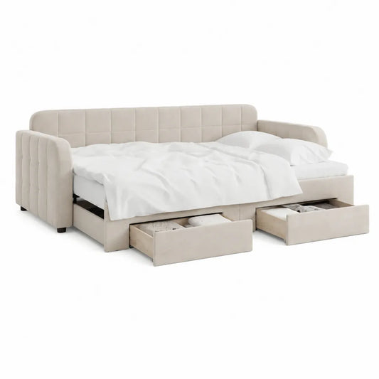 Canapé-lit 2 places avec tiroirs 160 x 200 cm revêtement en polyester capitonné rectangulaire beige
