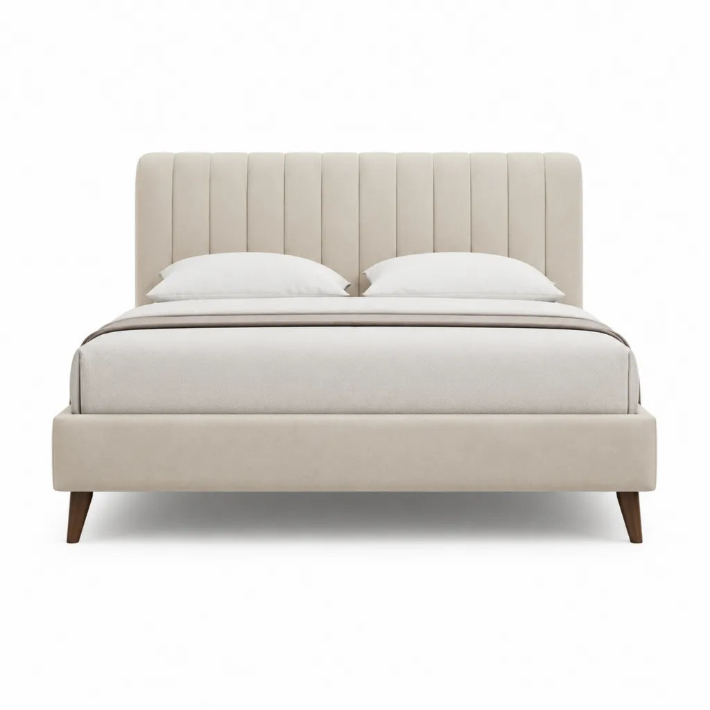 Lit double 160 x 200 cm avec cadre rembourré en polyester beige et tête de lit capitonnée