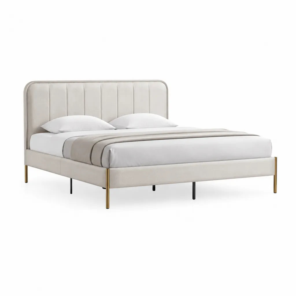 Cadre de lit double rembourré 160 x 200 cm en polyester beige avec tête de lit rectangulaire et pieds acier doré