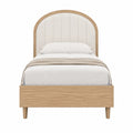 Lit simple 90 x 190 cm avec tête de lit arrondie capitonnée en polyester blanc et MDF plaqué chêne naturel