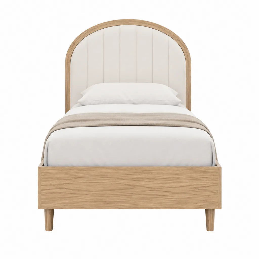 Lit simple 90 x 190 cm avec tête de lit arrondie capitonnée en polyester blanc et MDF plaqué chêne naturel