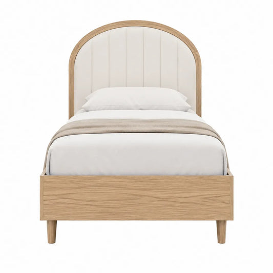 Lit simple 90 x 190 cm avec tête de lit arrondie capitonnée en polyester blanc et MDF plaqué chêne naturel