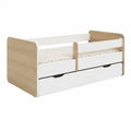 Lit enfant avec barrière et tiroir 70 x 140 cm MDF blanc et décor chêne