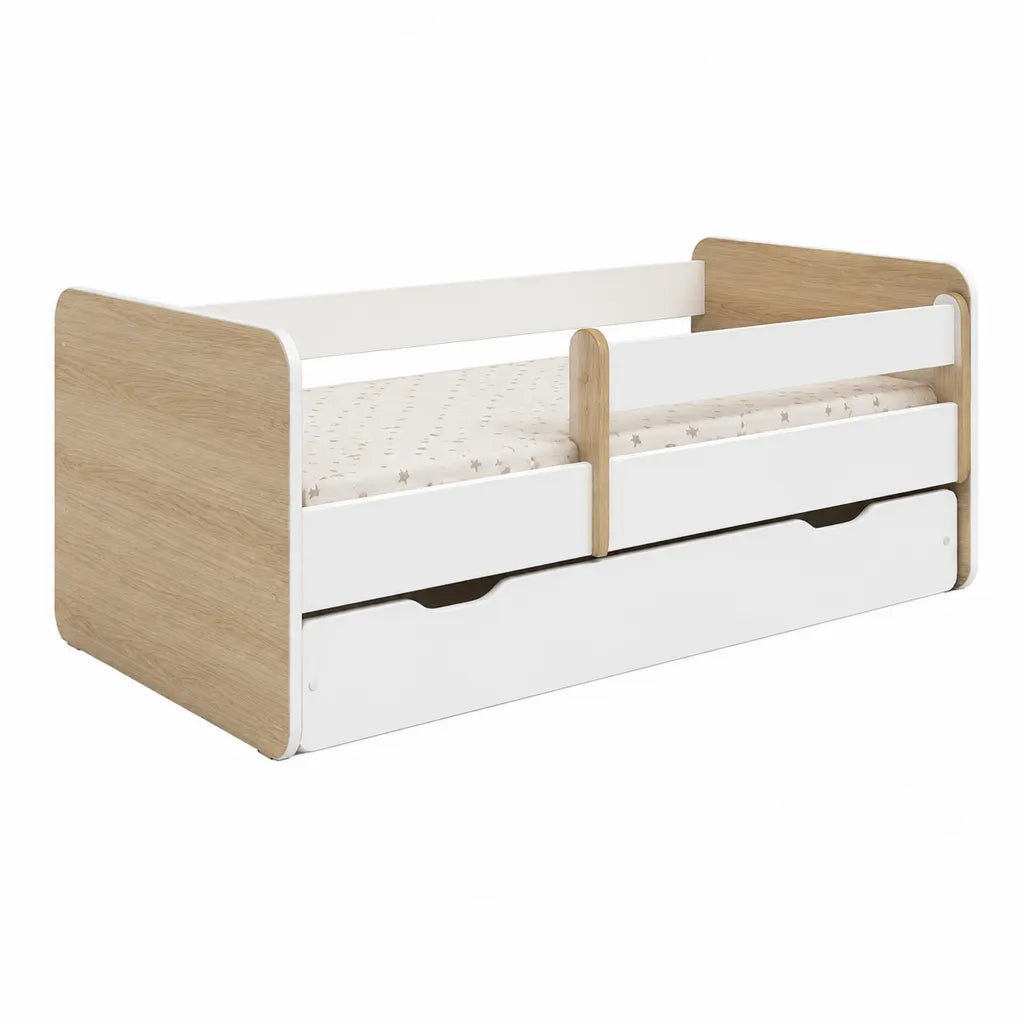 Lit enfant avec barrière et tiroir 70 x 140 cm MDF blanc et décor chêne