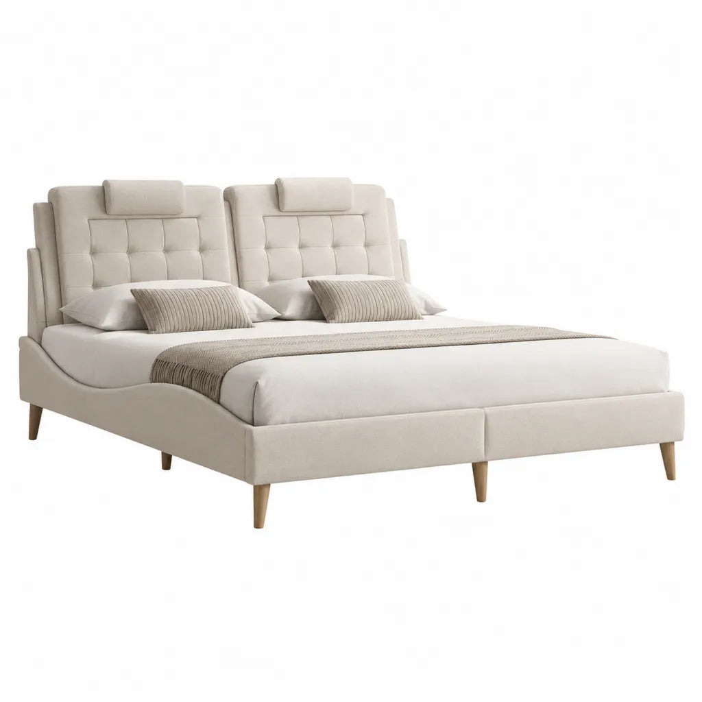 Lit double capitonné avec cadre 160 x 200 cm en polyester crème