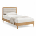 Lit simple rectangulaire 90 x 190 cm en chêne massif avec tête de lit capitonnée beige