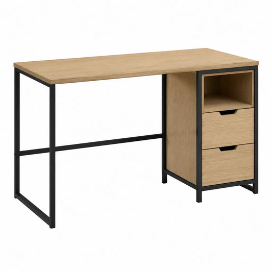 Bureau informatique rectangulaire 120 x 60 x 75 cm en panneaux de particules chêne clair avec structure en acier noir 2 tiroirs