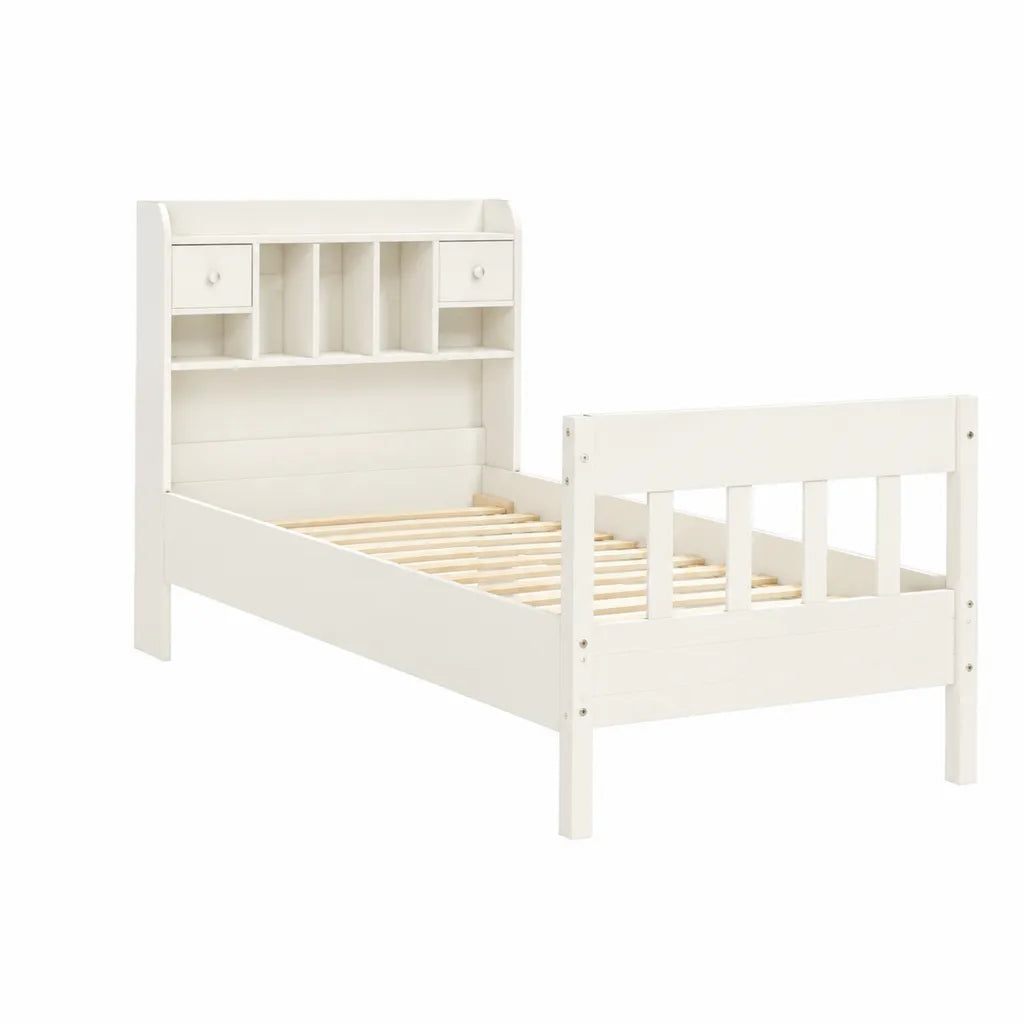 Lit enfant 90 x 190 cm avec rangement intégré en MDF et pin blanc