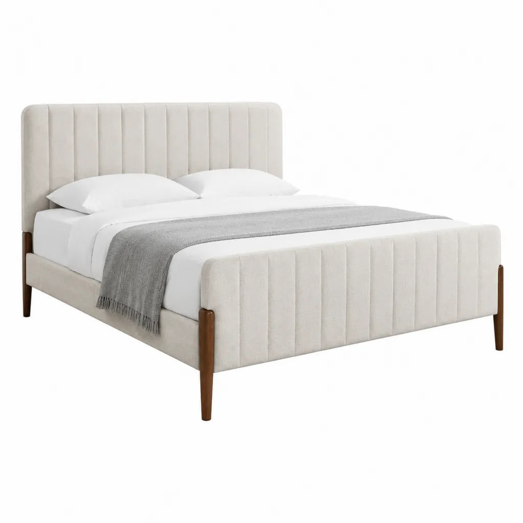 Lit double 160 x 200 cm capitonné en polyester beige avec pieds en bois massif