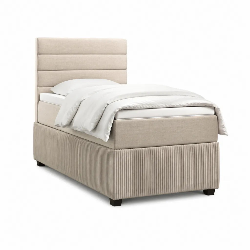 Lit une place rembourré 90 x 190 cm en polyester beige avec tête de lit rectangulaire