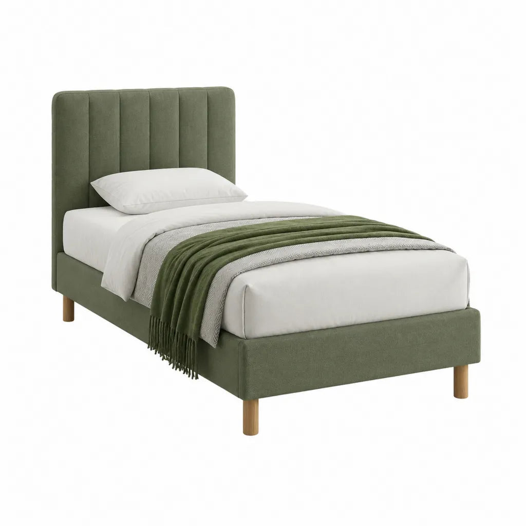 Lit simple avec cadre de lit capitonné 90 x 190 cm en velours de polyester vert olive