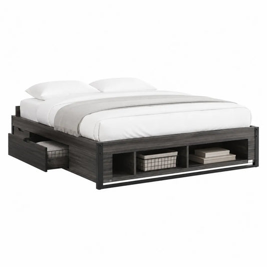 Lit plateforme 160 x 200 cm avec rangement 2 tiroirs et 3 niches en MDF gris anthracite