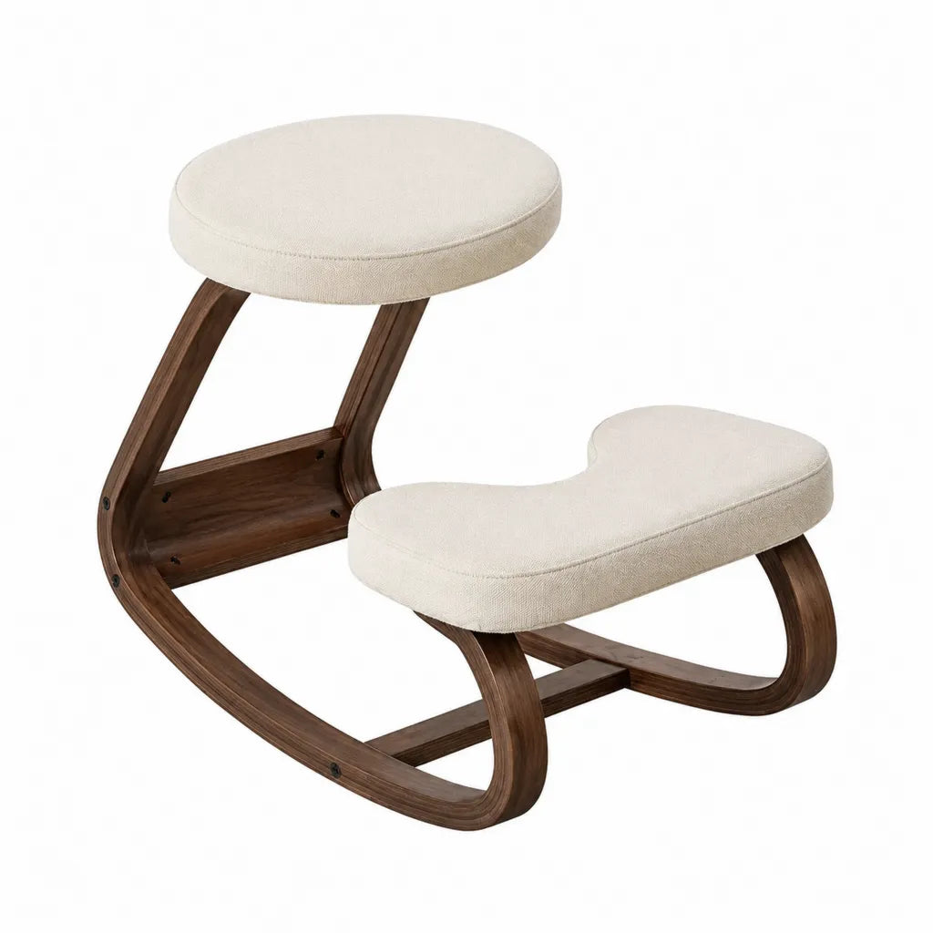 Chaise de bureau ergonomique à genoux avec repose-genoux en polyester beige et structure en contreplaqué de bouleau noyer 50 x 60 x 55 cm
