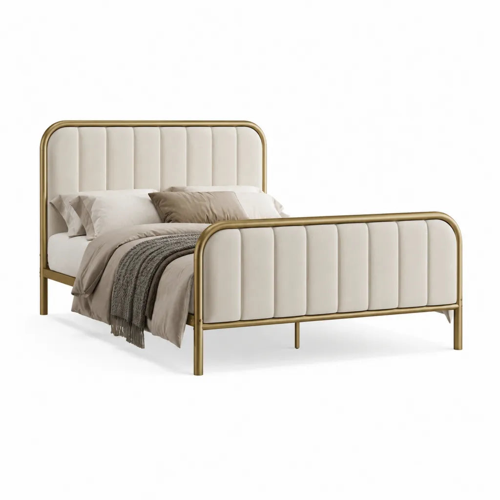 Lit double 160 x 200 cm à cadre en acier tubulaire doré avec panneaux rembourrés en PU blanc cassé