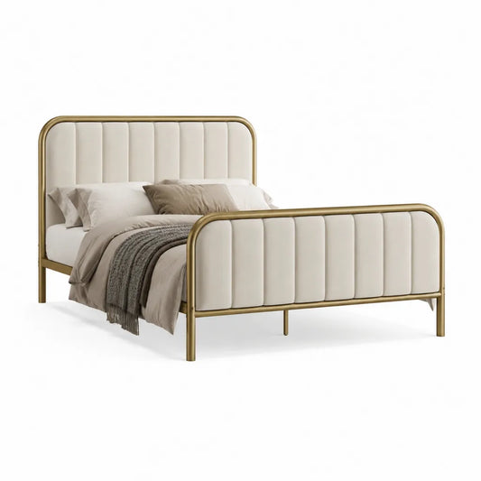 Lit double 160 x 200 cm à cadre en acier tubulaire doré avec panneaux rembourrés en PU blanc cassé