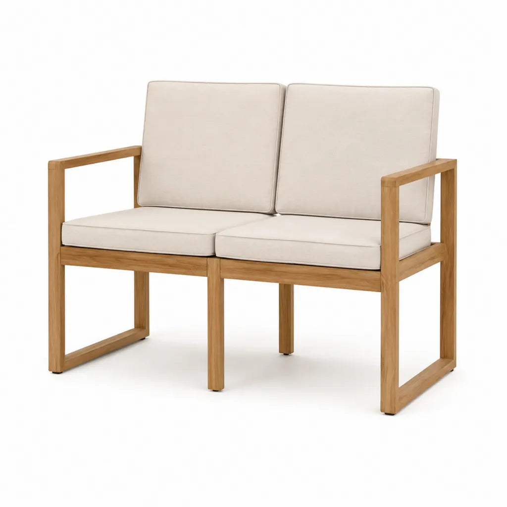 Banc de jardin 2 places en bois massif d'acacia avec coussins beige 120 x 70 x 80 cm