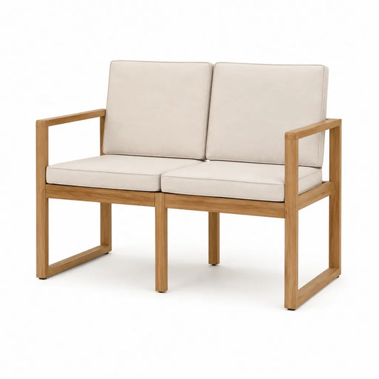 Banc de jardin 2 places en bois massif d'acacia avec coussins beige 120 x 70 x 80 cm