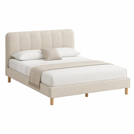 Lit double avec cadre rembourré en polyester beige 160 x 200 cm