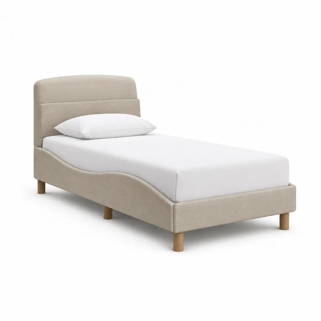 Cadre de lit une place 90 x 190 cm en polyester beige avec tête de lit arrondie et pieds en bois massif