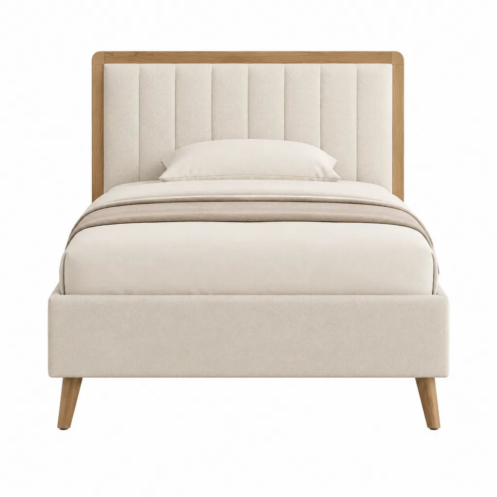 Lit double 160 x 200 cm avec tête de lit capitonnée en polyester beige et chêne