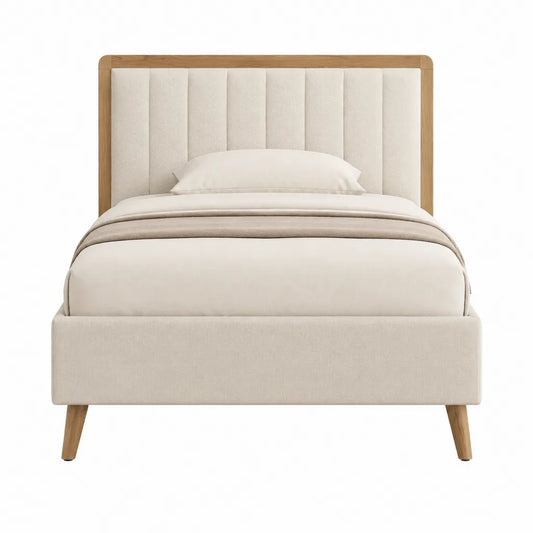 Lit double 160 x 200 cm avec tête de lit capitonnée en polyester beige et chêne