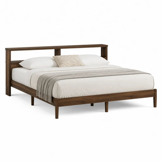 Cadre de lit double 160 x 200 cm en bois d'hévéa massif marron noyer avec tête de lit ouverte