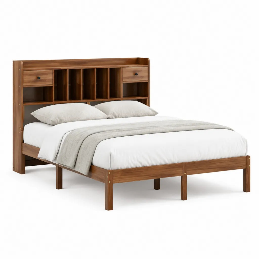 Lit double 160 x 200 cm avec tête de lit bibliothèque en bois massif d'hévéa brun noyer