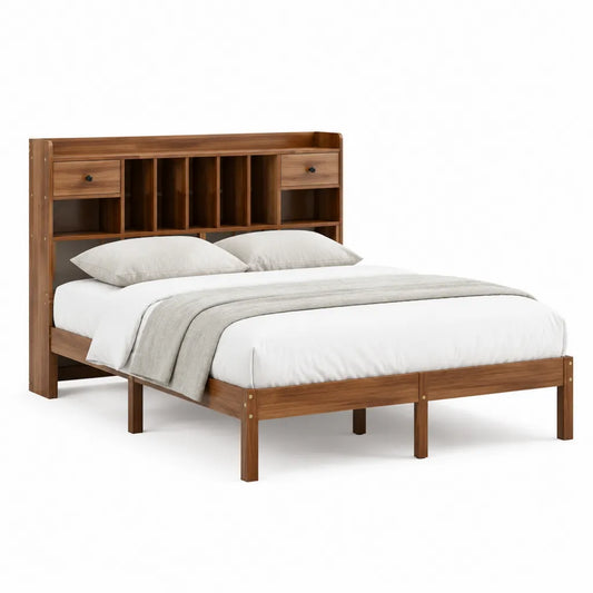 Lit double 160 x 200 cm avec tête de lit bibliothèque en bois massif d'hévéa brun noyer