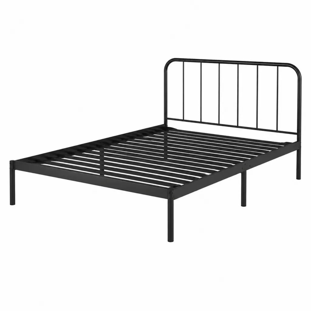 Lit double 140 x 190 cm avec cadre à lattes en acier noir rectangulaire