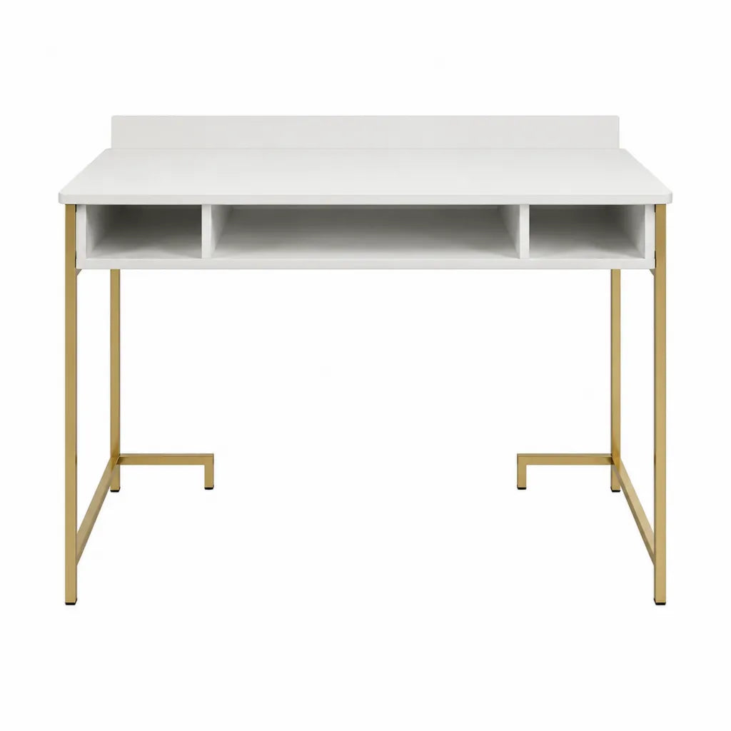 Bureau droit avec 3 niches de rangement en MDF blanc et acier doré 120 x 60 x 90 cm