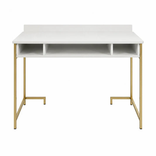 Bureau droit avec 3 niches de rangement en MDF blanc et acier doré 120 x 60 x 90 cm
