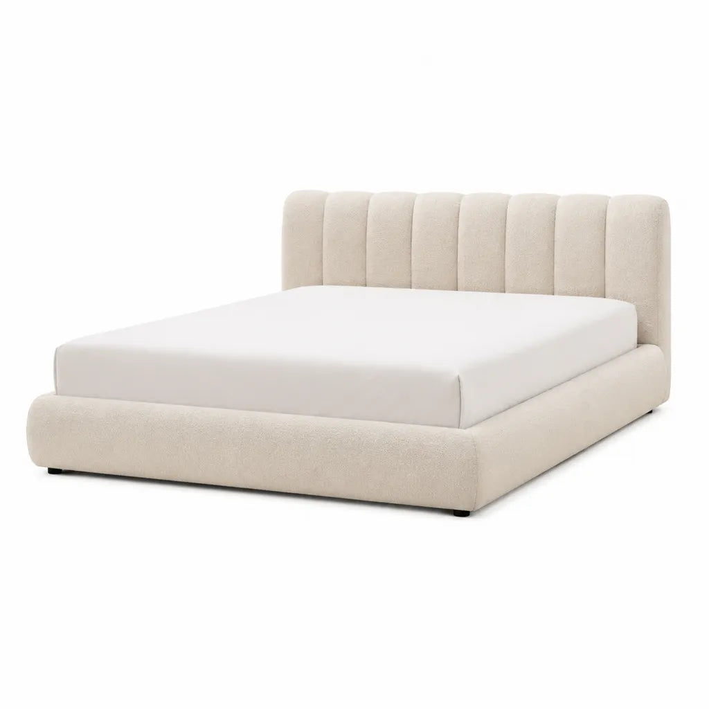 Lit double 160 x 200 cm avec cadre rembourré en polyester bouclette beige
