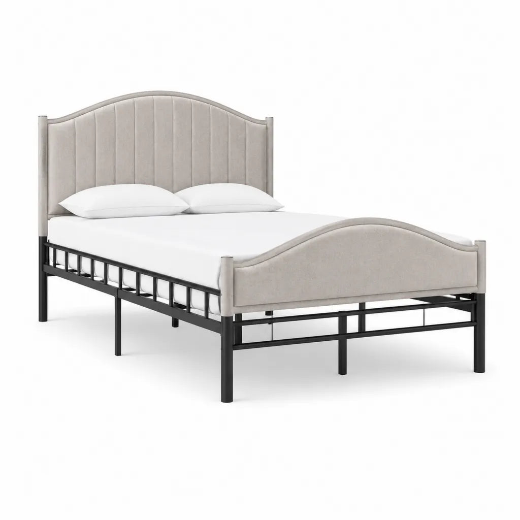 Lit double 140 x 190 cm cadre en acier avec tête et pied de lit rembourrés en polyester gris clair