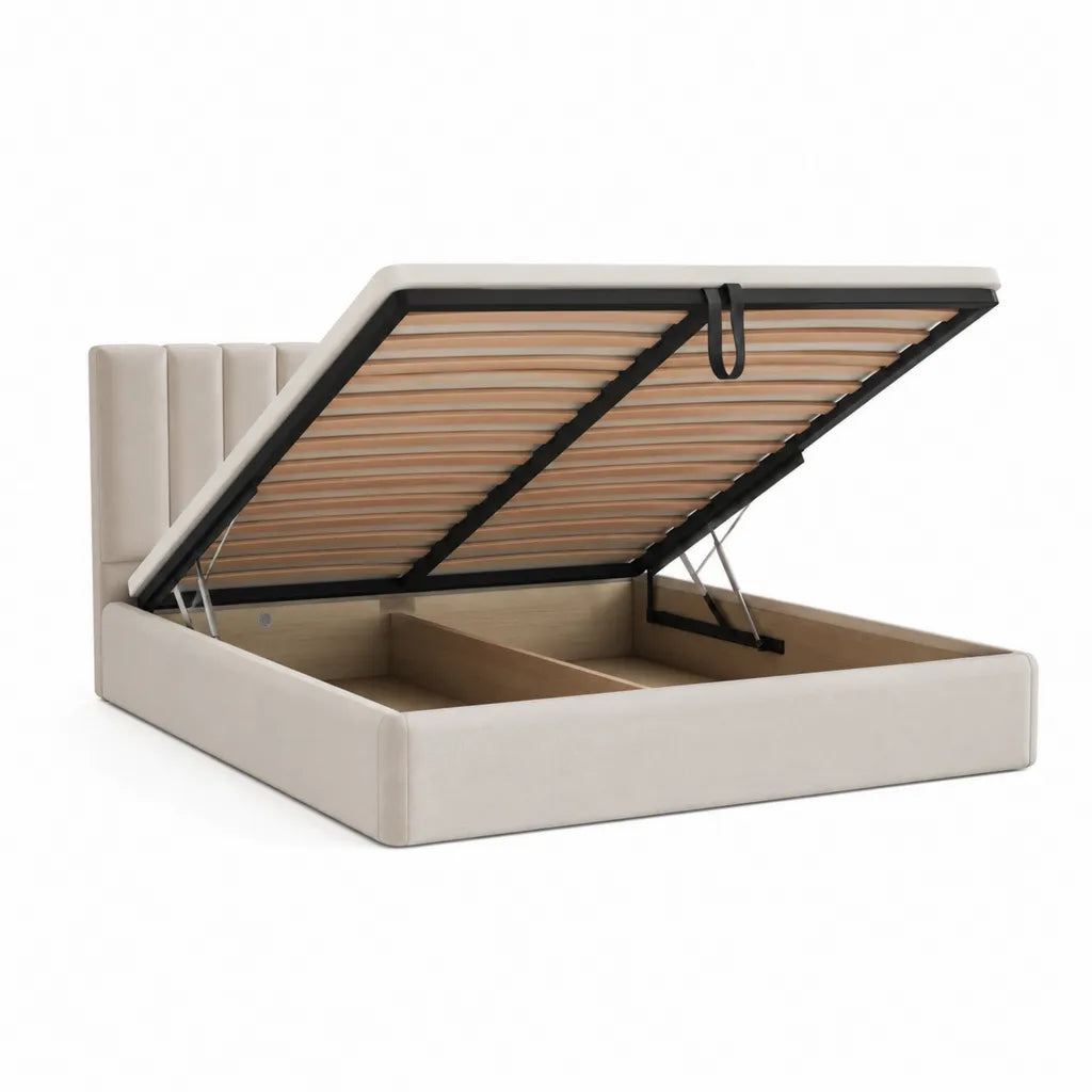 Lit coffre 160 x 200 cm avec sommier relevable en lattes beige