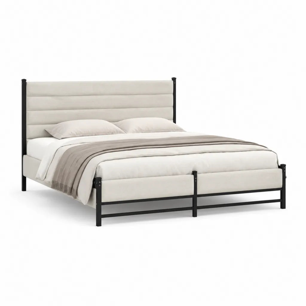 Lit double avec cadre en acier tête de lit rembourrée en polyester beige et noir 160 x 200 cm