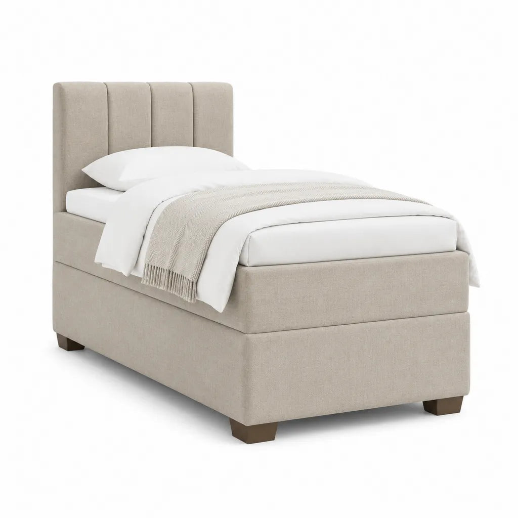 Lit une place capitonné 90 x 190 cm en polyester beige avec tête de lit haute