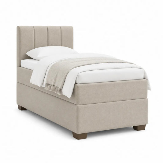 Lit une place capitonné 90 x 190 cm en polyester beige avec tête de lit haute