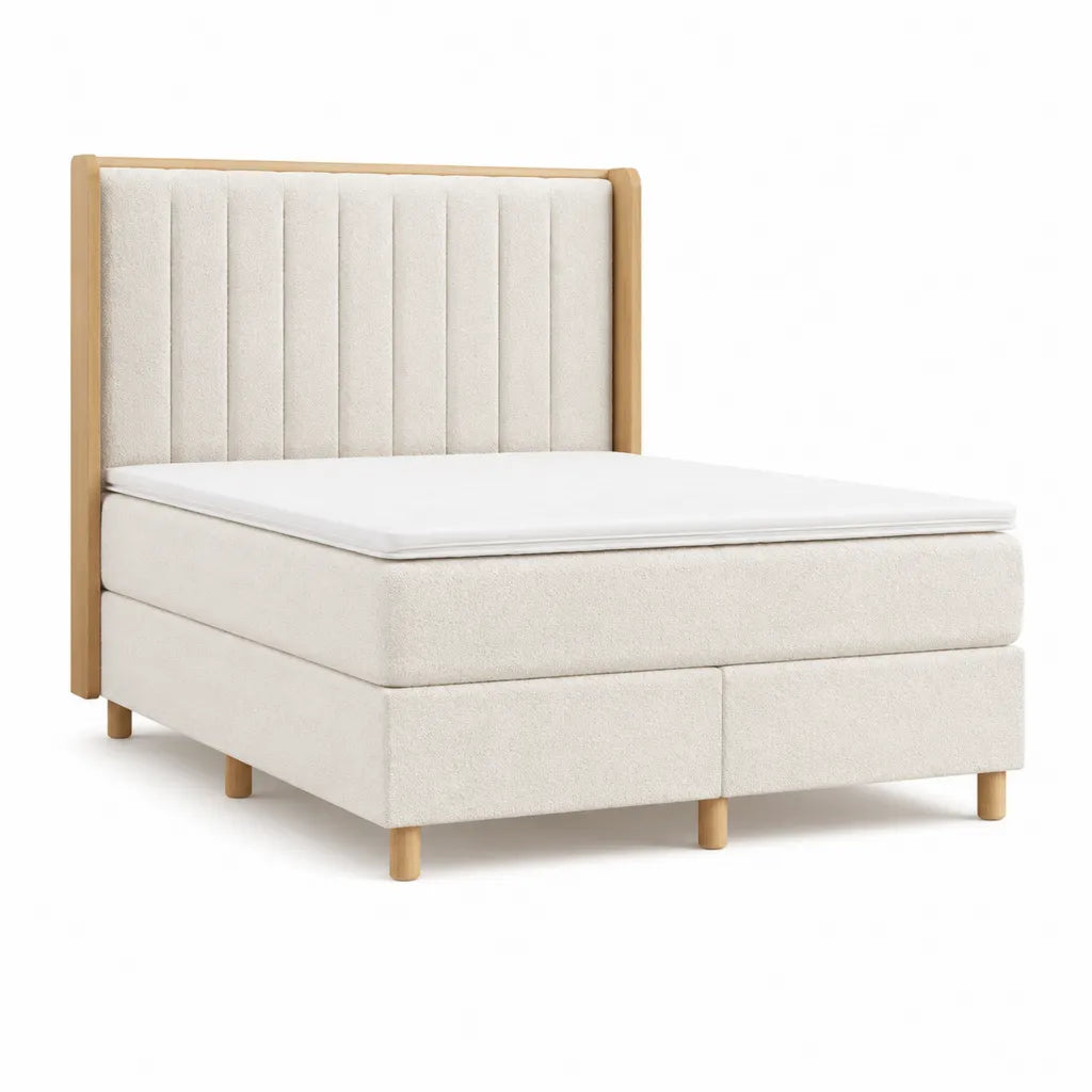 Ensemble lit double avec sommier tapissier et matelas 160 x 200 cm en polyester beige et bois de hêtre