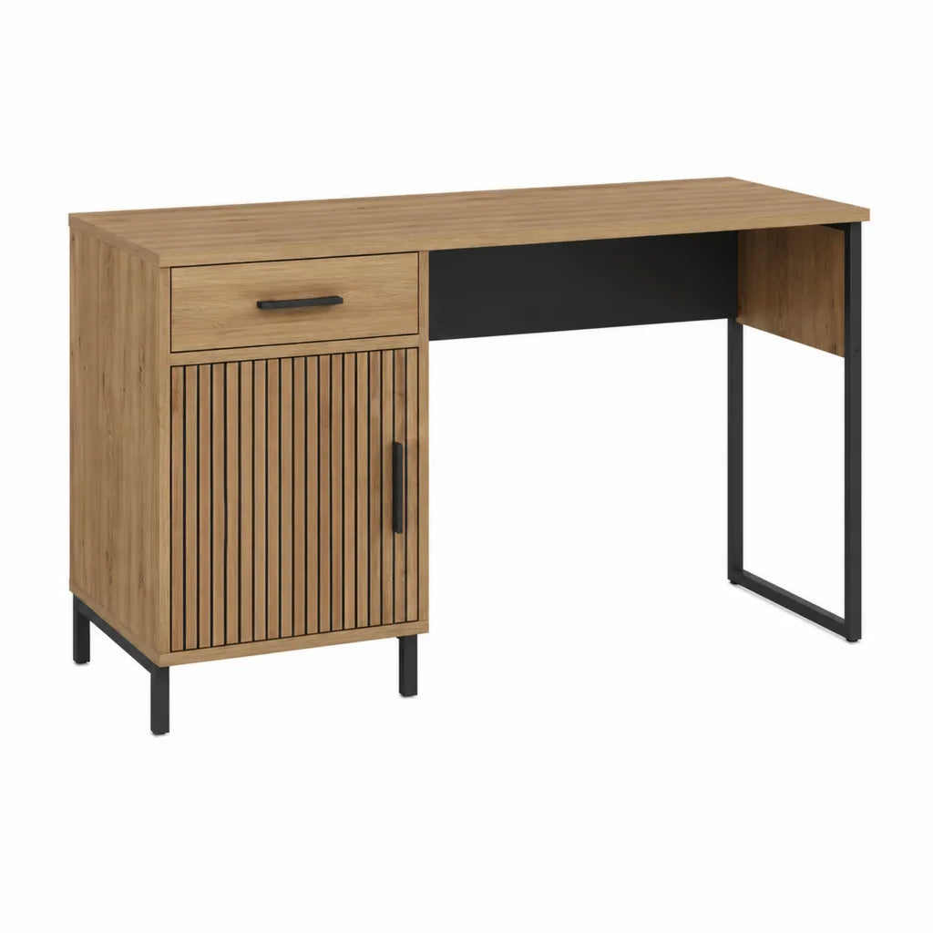 Bureau droit avec rangement 120 x 60 x 75 cm en panneaux de particules mélaminés chêne et acier noir
