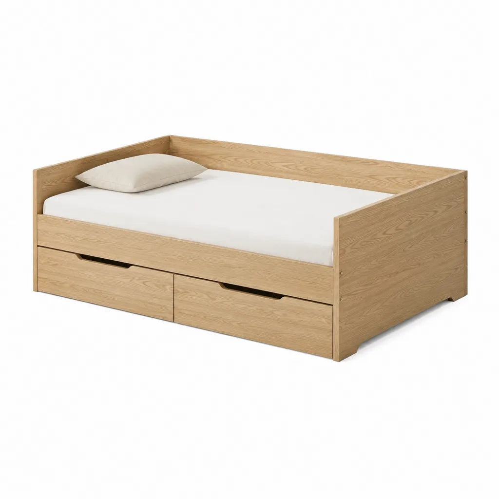 Lit banquette avec 2 tiroirs 90 x 200 cm en panneaux de particules mélaminés chêne clair rectangulaire
