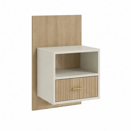 Table de chevet murale rectangulaire 40 x 30 x 70 cm en MDF blanc et chêne clair avec niche et porte