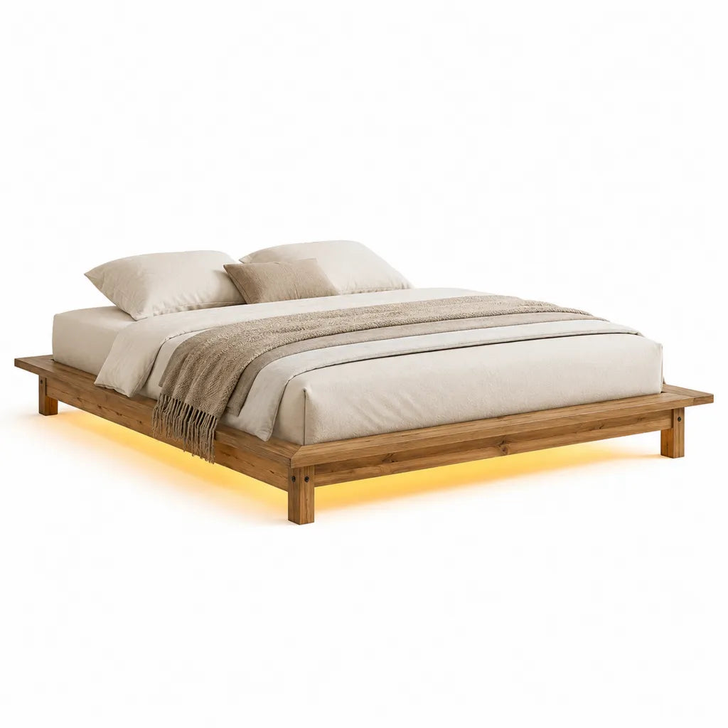 Cadre de lit double en bois massif naturel 160 x 200 cm