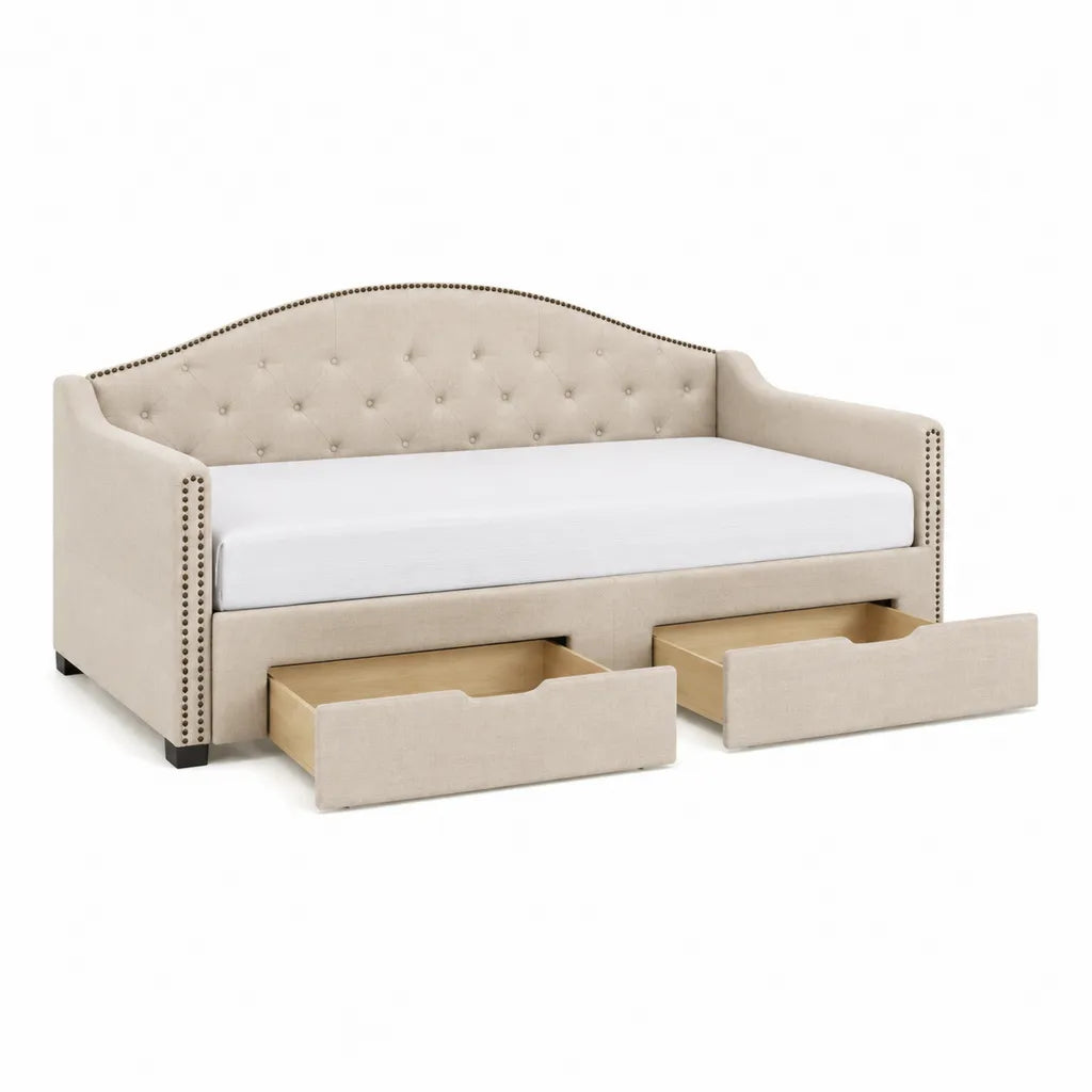 Lit banquette capitonné avec 2 tiroirs 90 x 190 cm polyester beige