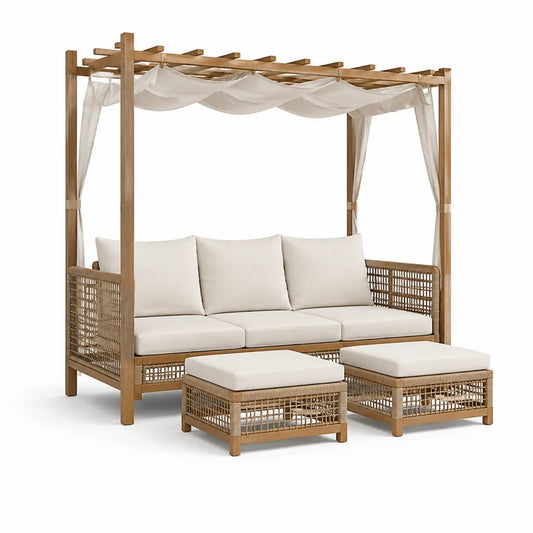 Banc de jardin 3 places avec pergola 220 x 160 x 220 cm en acacia massif et rotin PE beige