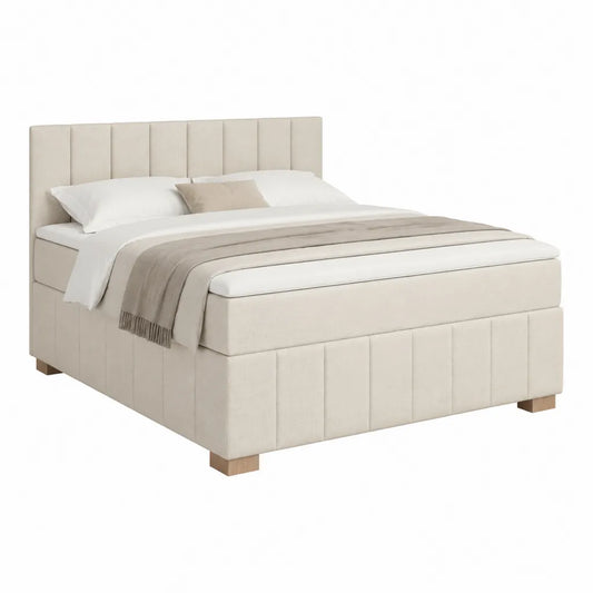 Lit double 160 x 200 cm en polyester beige à tête de lit rectangulaire capitonnée